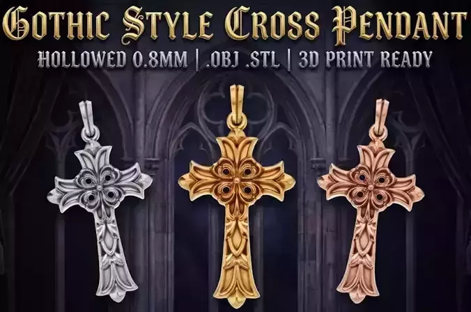 Ornate Gothic Cross Pendant - 3D print  Jewelry Model Hollowed 