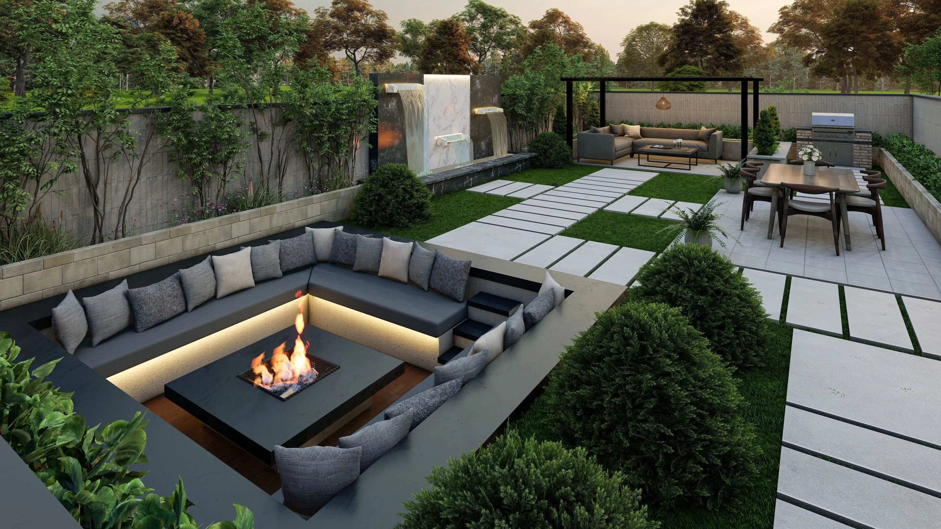Modern Luxury Backyard Design-Pergola-Fire Pit- BBQ 3D model