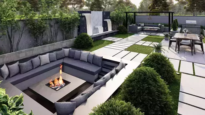 Modern Luxury Backyard Design-Pergola-Fire Pit- BBQ
