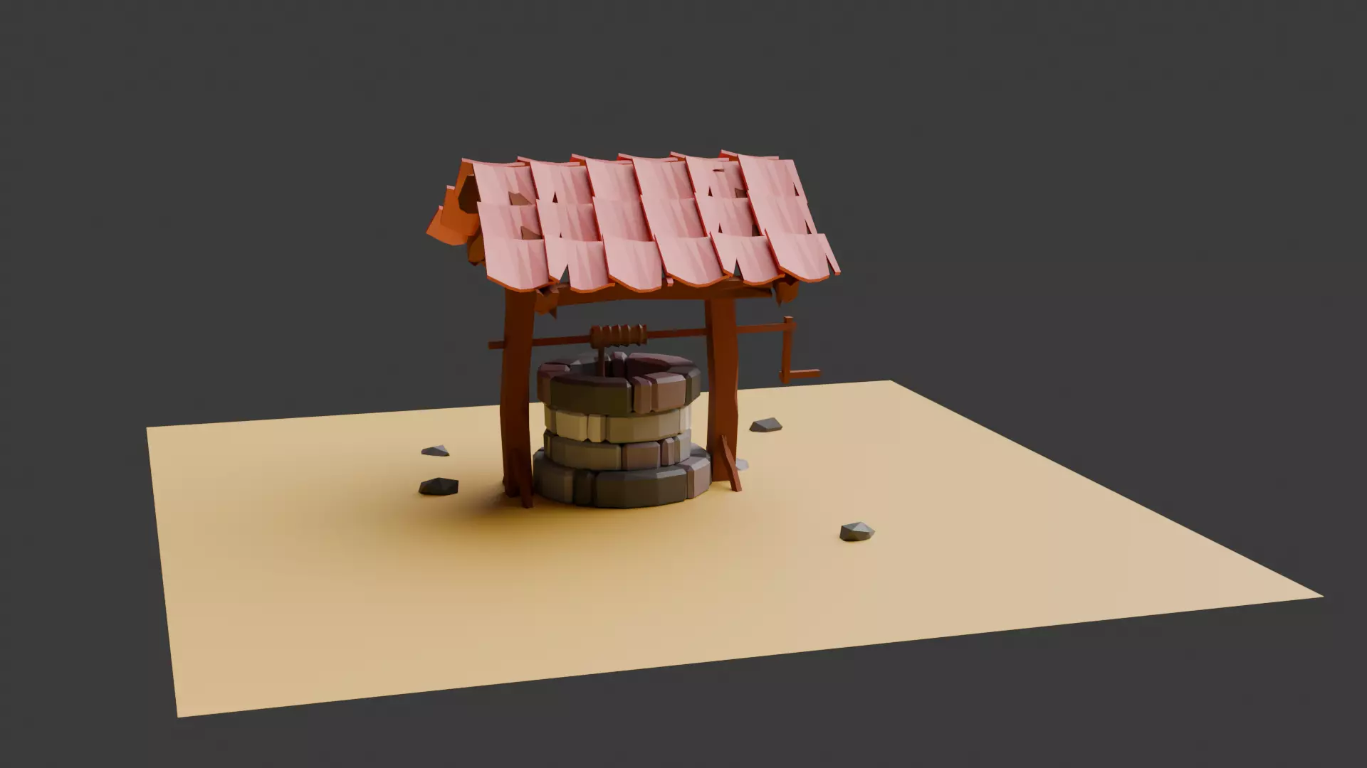 low poly well on light sand ground with scattered rocks Free low-poly 3D model