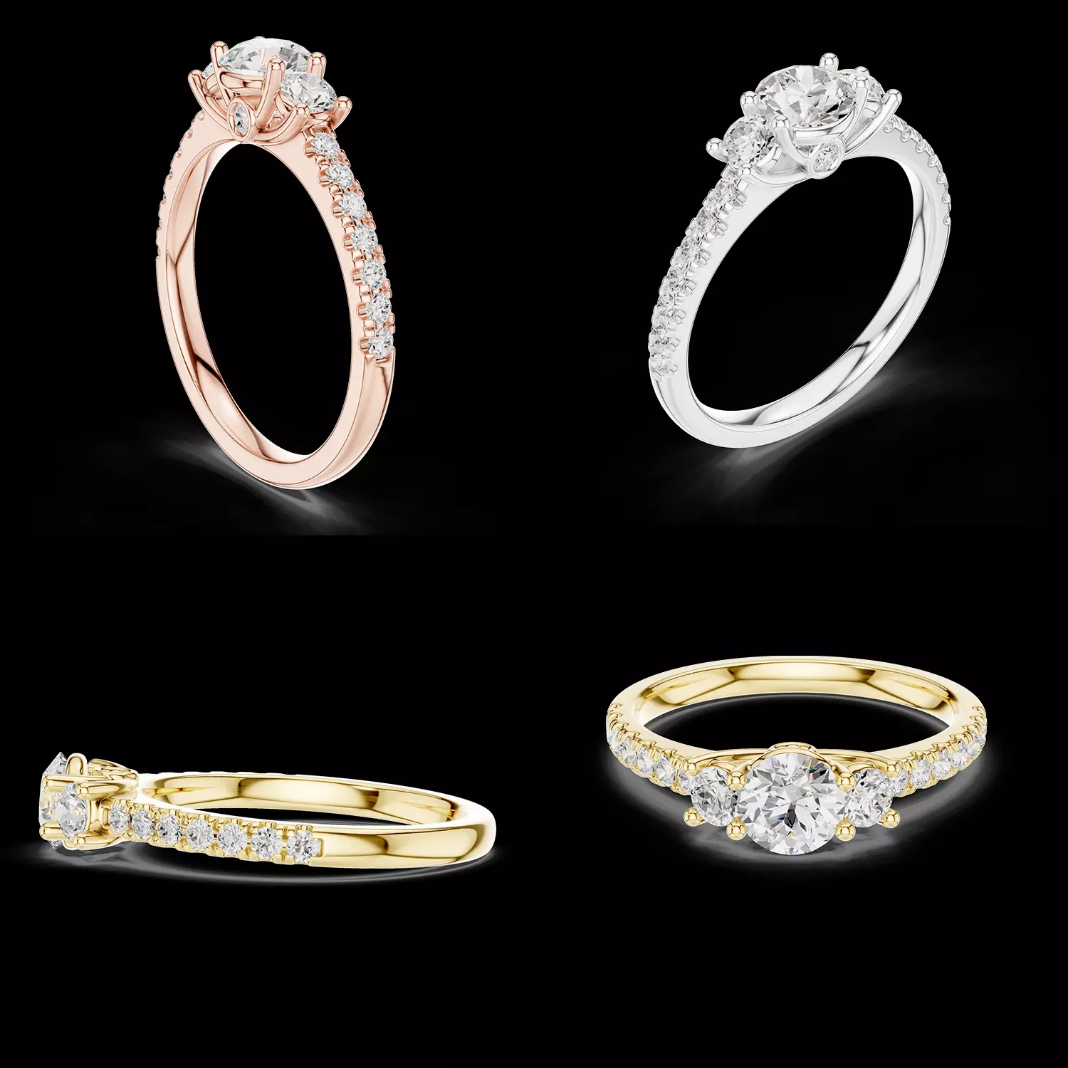 Three Stone Diamond Engagement Ring CAD Model with Pave Band 3D print model