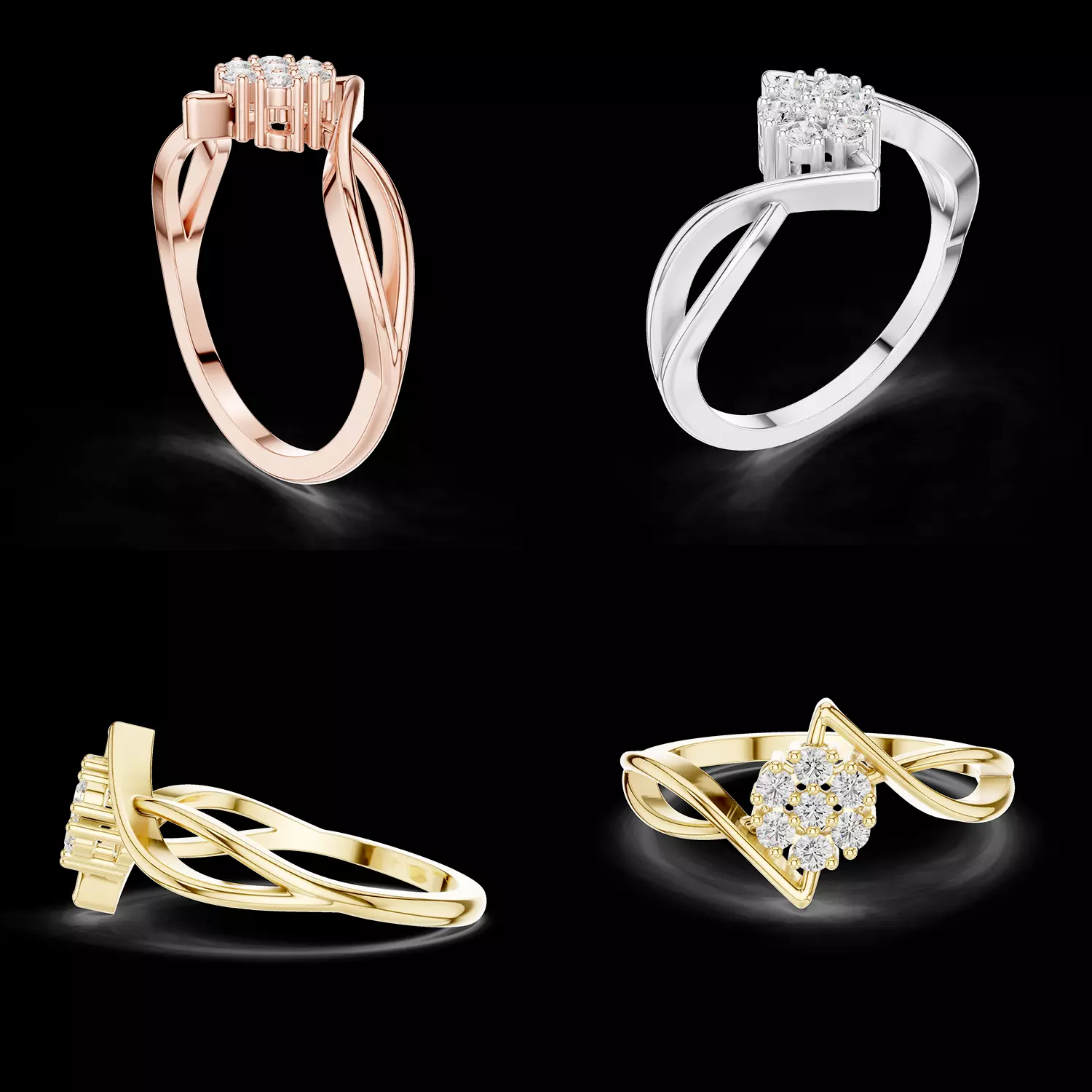 Twisted Shank Cluster Diamond Ring CAD Model with Modern Frame 3D print model