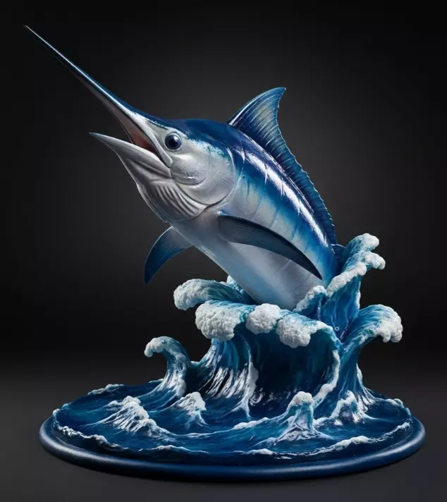 Hyperrealistic marlin fish breaching stylized ocean waves 3D print model