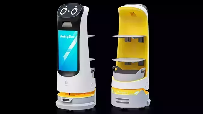 Restaurant Service Robot Waiter KettyBot Pro Yellow PBR Low-poly 3D model 3