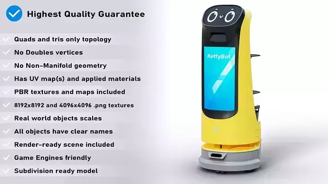 Restaurant Service Robot Waiter KettyBot Pro Yellow PBR Low-poly 3D model 2