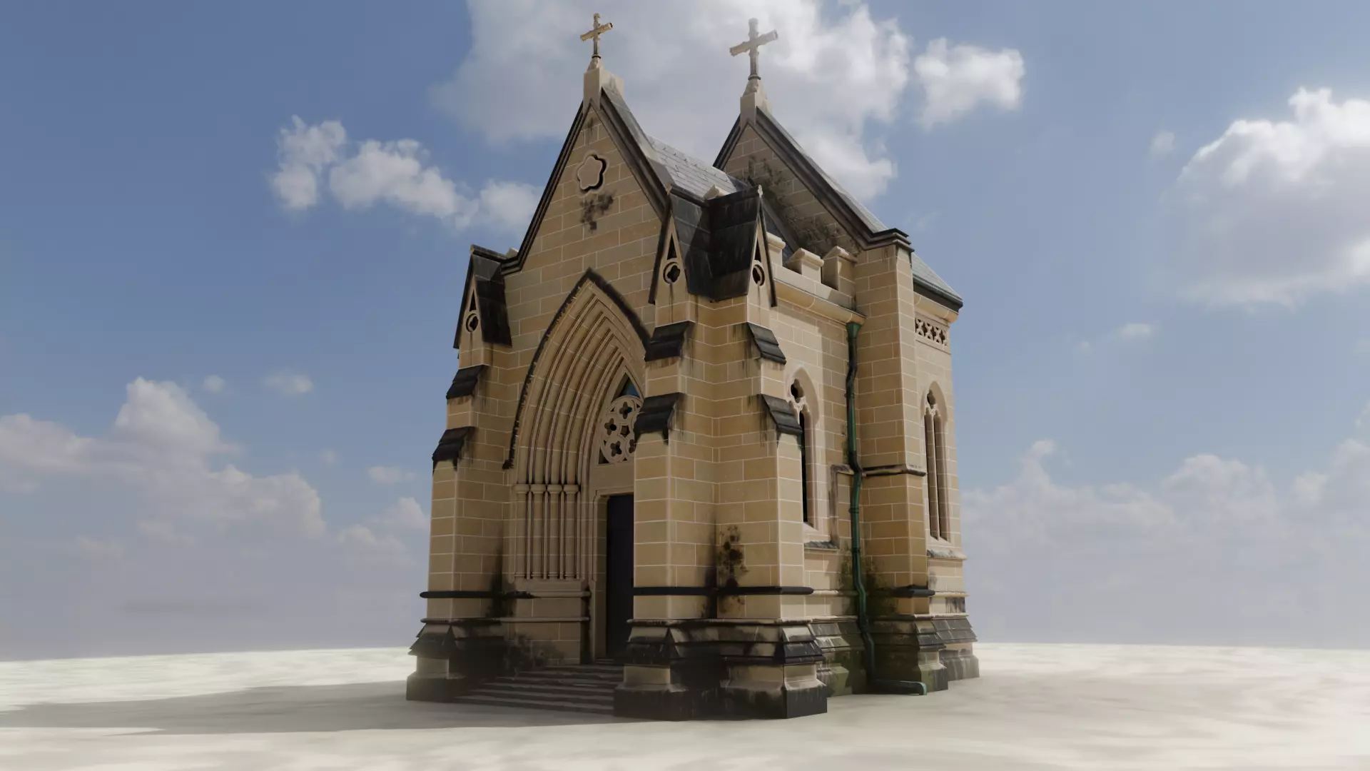 Chapel sandstone in dirty look with stained glass Low-poly 3D model