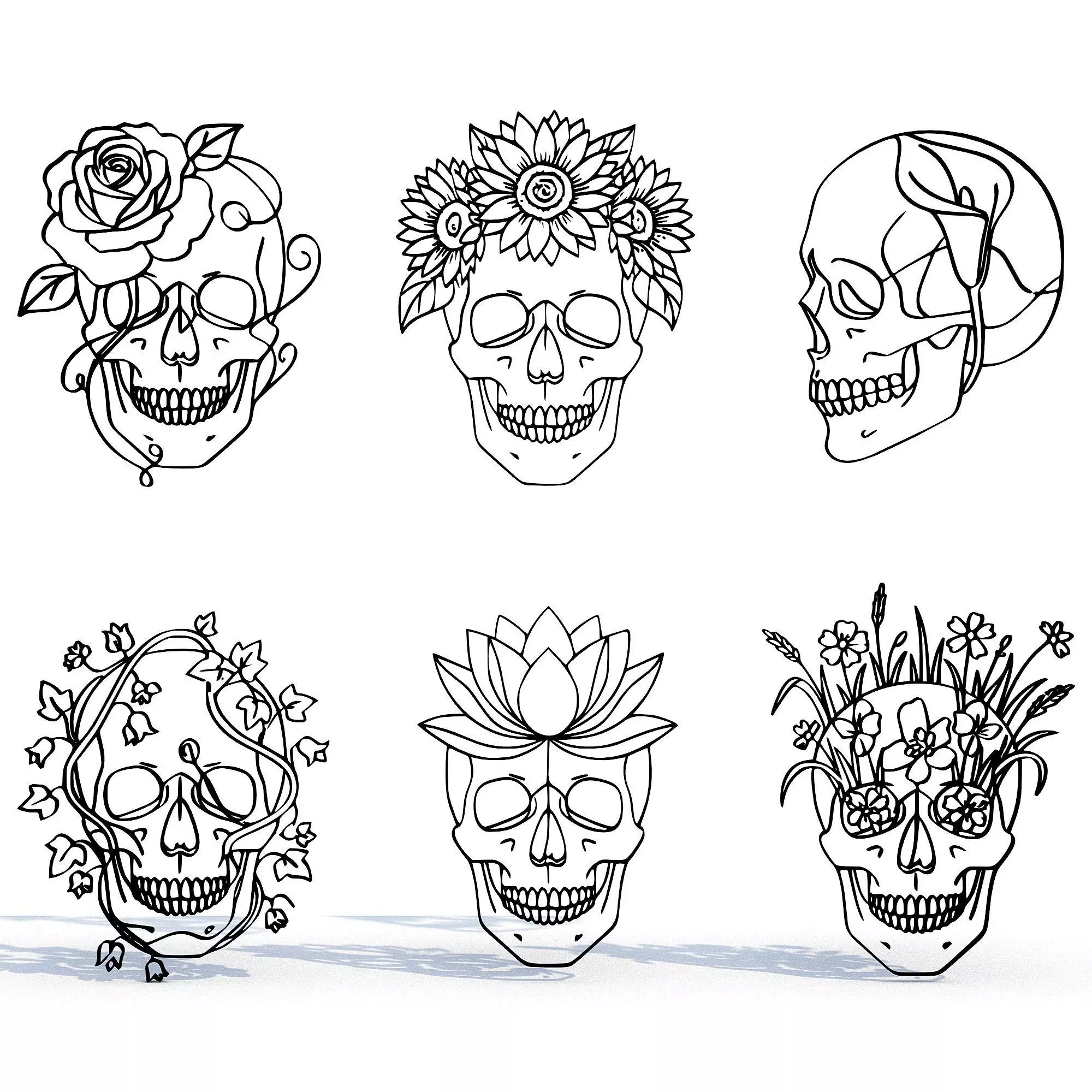 Floral Skull Line Art Collection Vol2 6 Botanical Gothic Designs 3D print model