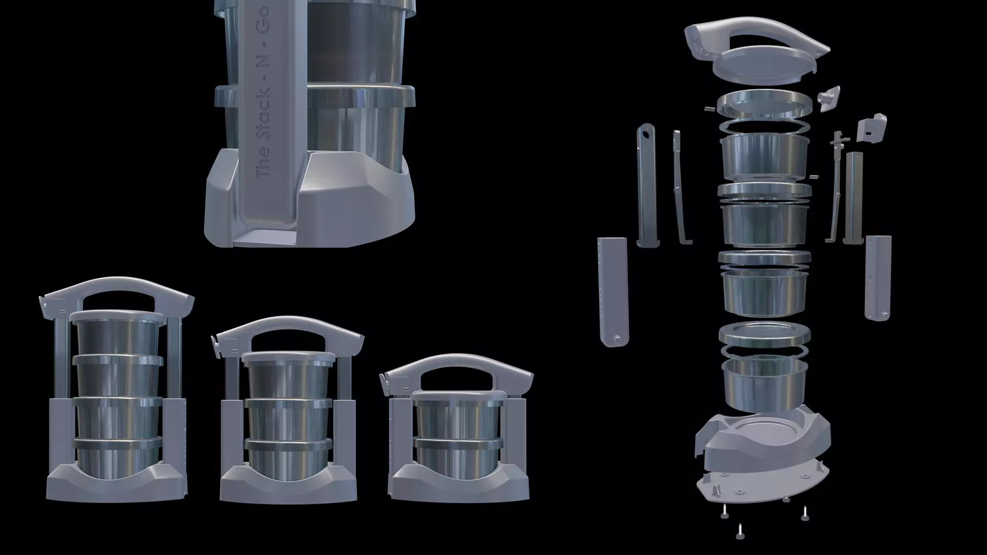 Multi-Compartment Stackable Tiffin Box with Handle 3D model