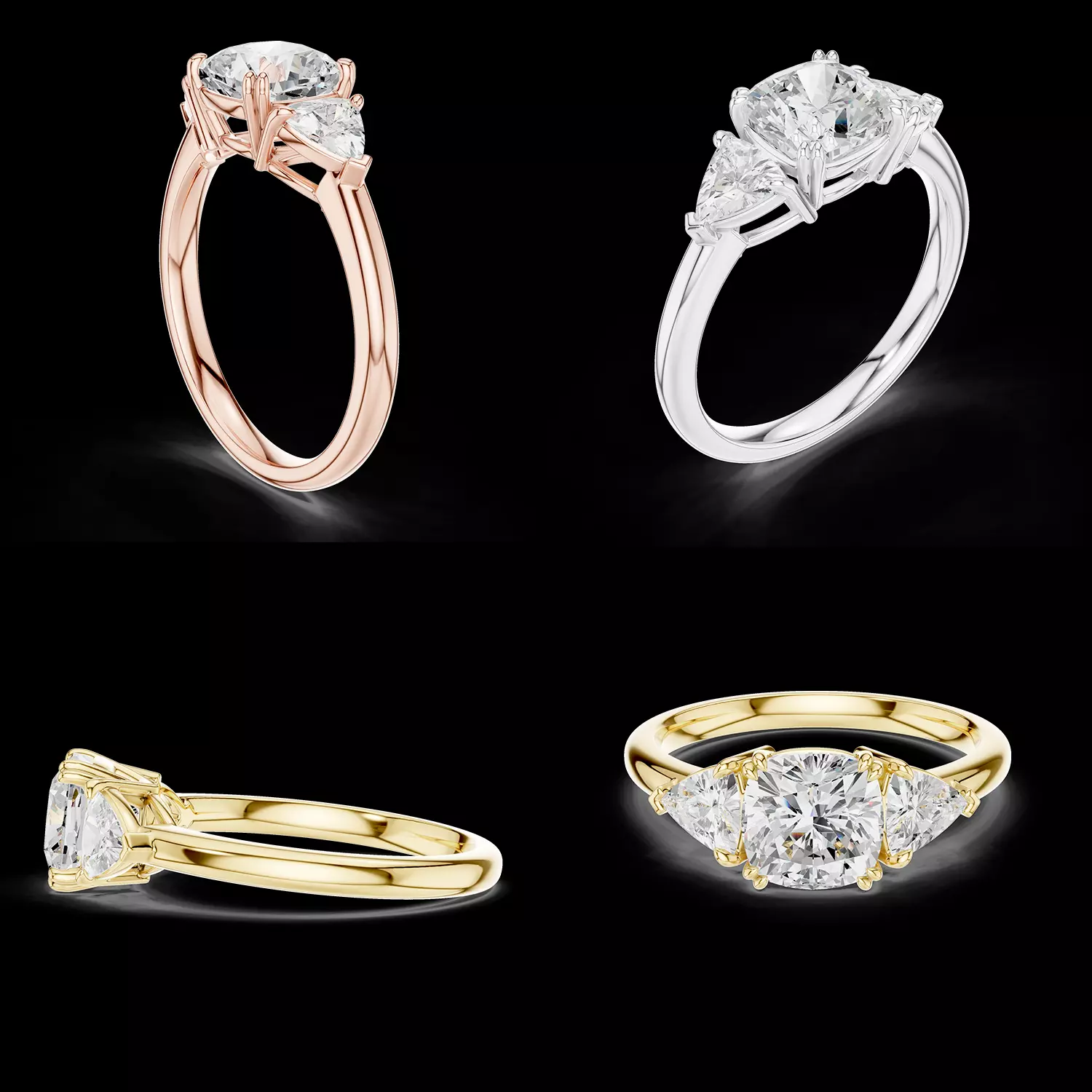 Three Stone Cushion Diamond Engagement Ring CAD STL 3D print model