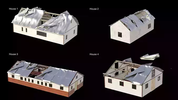 Houses Under Storm - Metal Roof Deformation Animation Low-poly 3D model