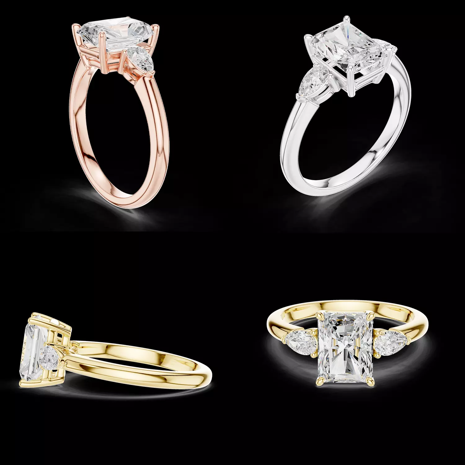 Radiant Cut Three Stone Engagement Ring CAD Model 3D print model