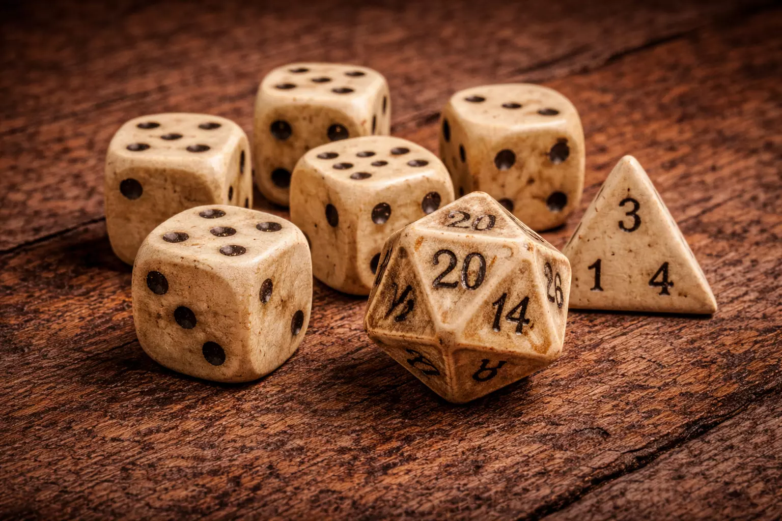 Medieval Dice Set D4 D6 D20 - Ancient Bone Style RPG Dice PBR Free low-poly 3D model