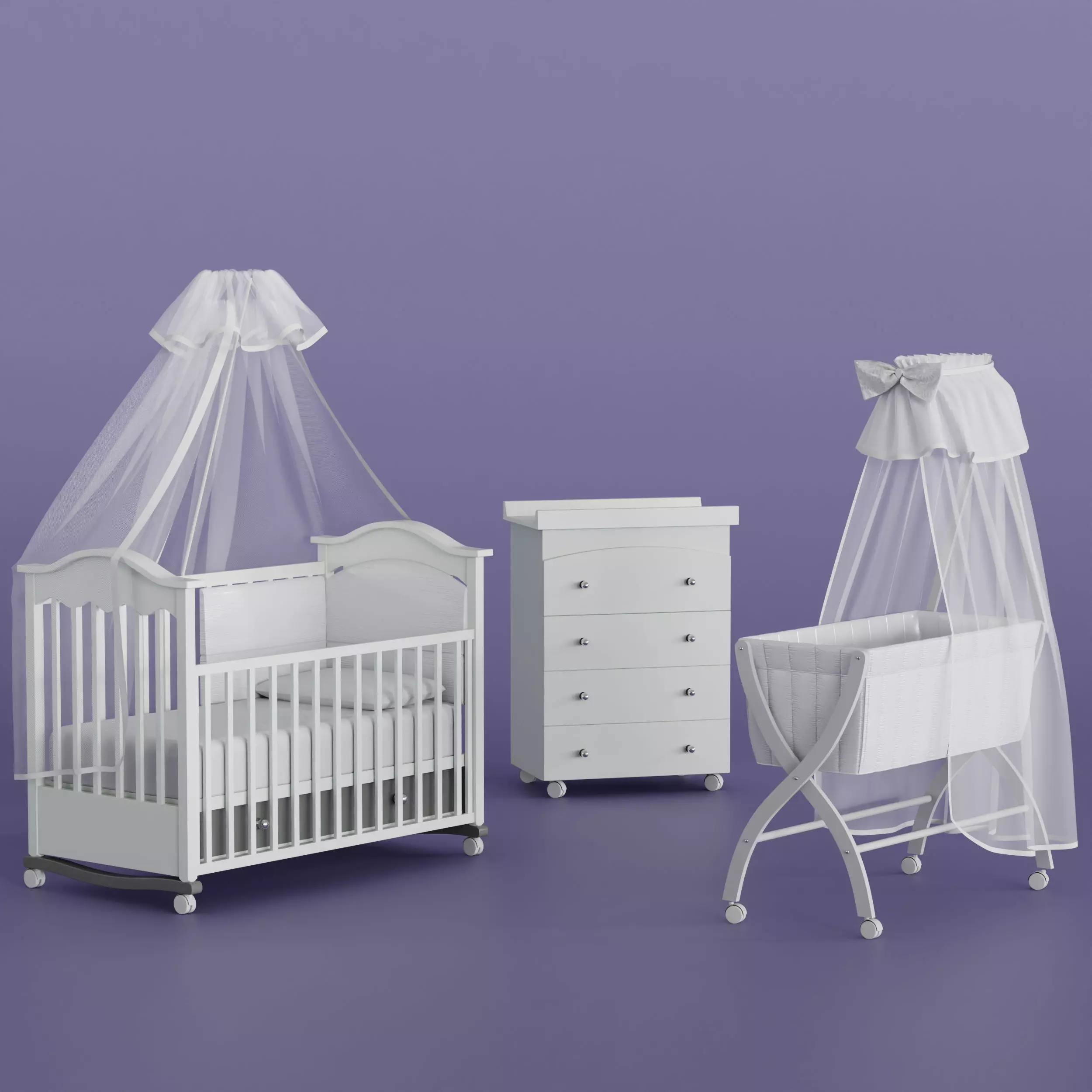Baby Nursery Furniture Set Crib Dresser Bassinet 3D Model Low-poly 3D model
