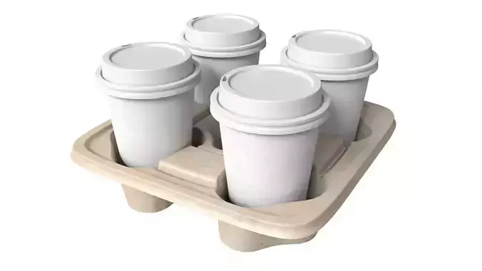 Mockup Cardboard Coffee Cup Carrier 4-Pack Fiber Drink Holder Low-poly 3D model