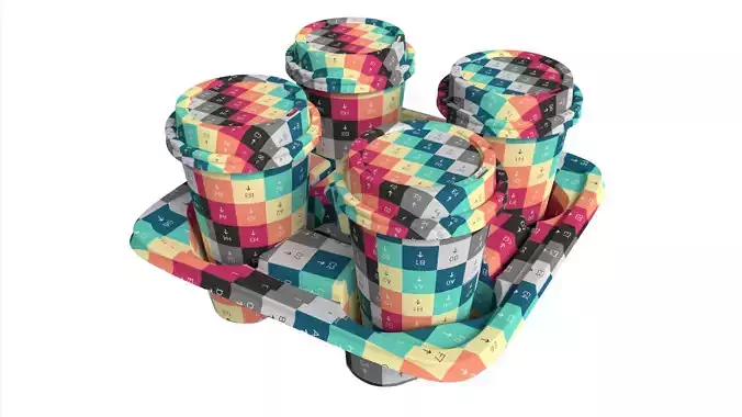 Mockup Cardboard Coffee Cup Carrier 4-Pack Fiber Drink Holder Low-poly 3D model 7