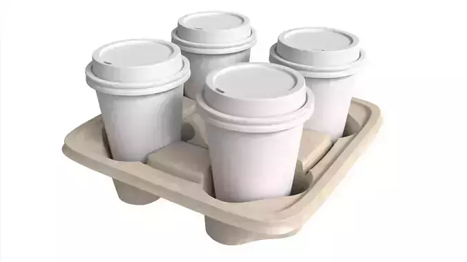 Mockup Cardboard Coffee Cup Carrier 4-Pack Fiber Drink Holder Low-poly 3D model 2