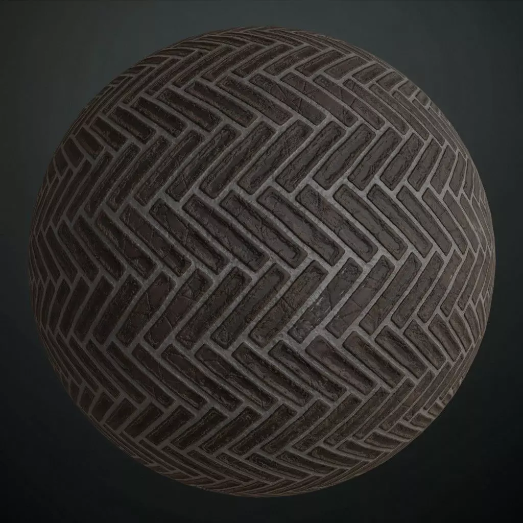 Rustic Dark Brown Herringbone Brick Pavement PBR Seamless Texture