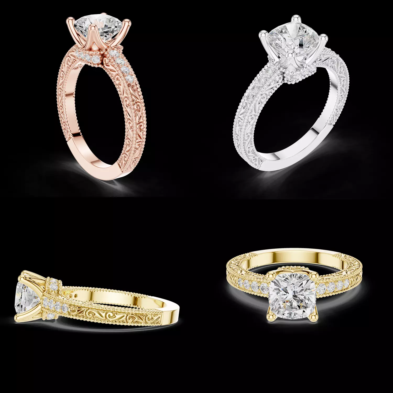 Vintage Cushion Cut Diamond Ring 3D Model STL File 3D print model