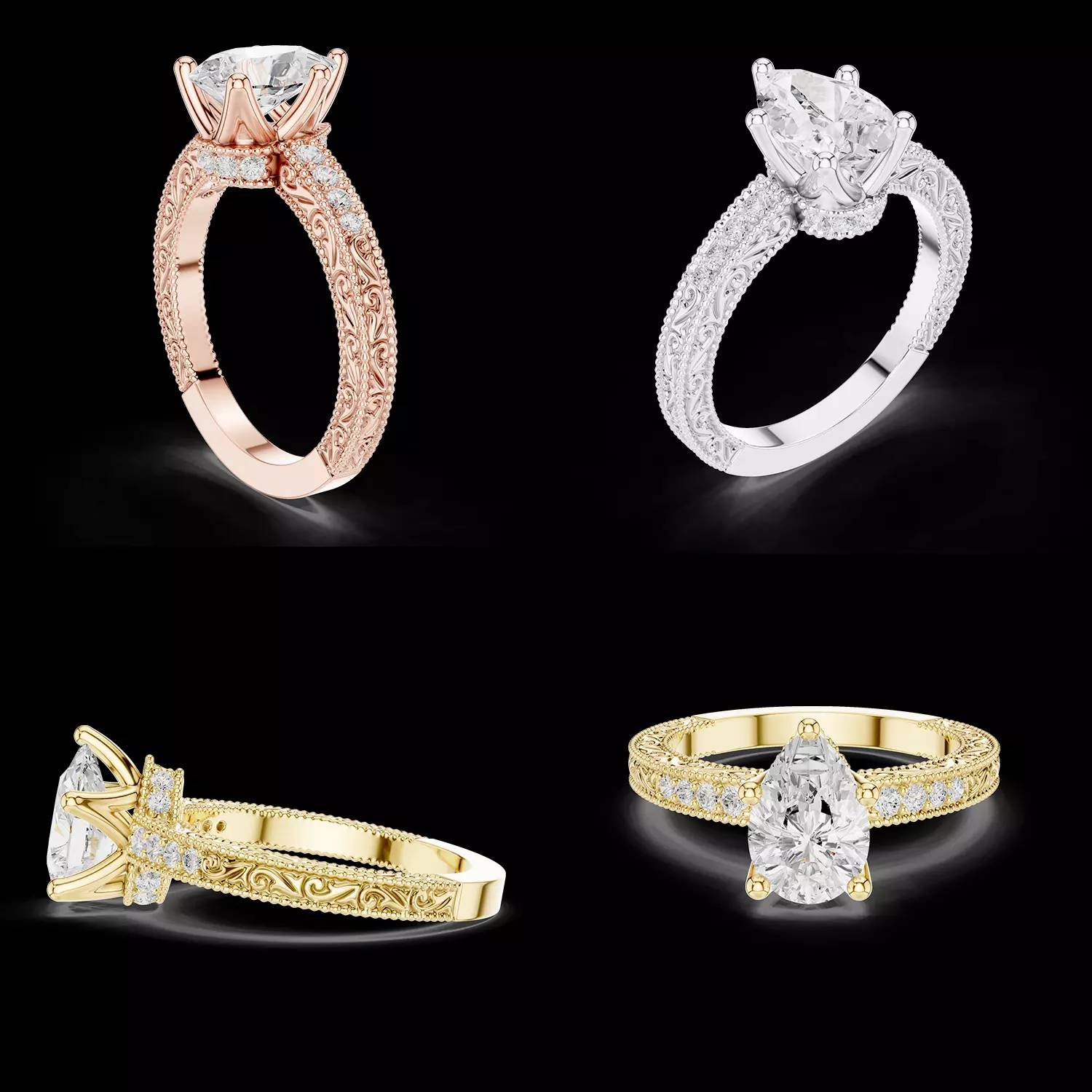 Vintage Pear Cut Diamond Ring 3D Model STL File 3D print model