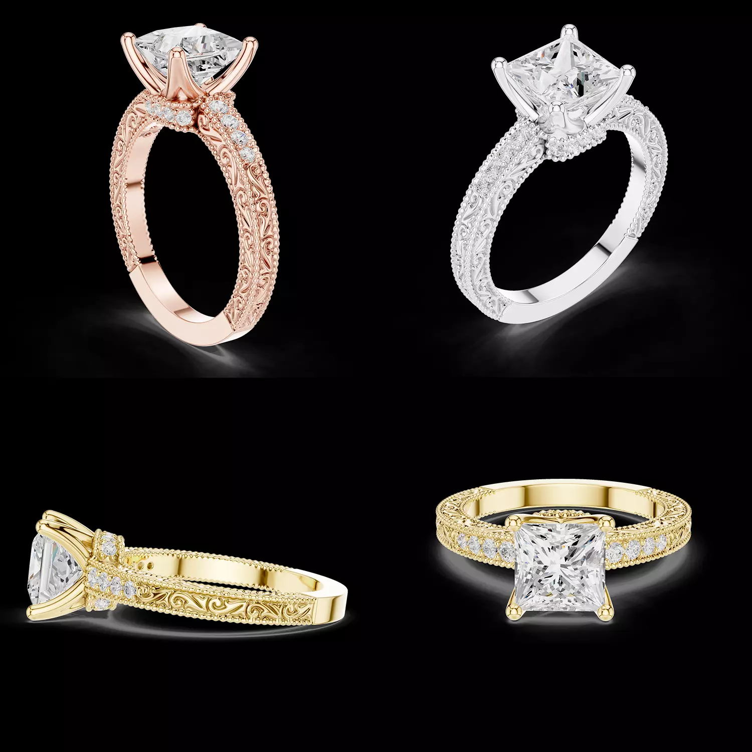 Vintage Princess Cut Diamond Ring 3D Model File 3D print model
