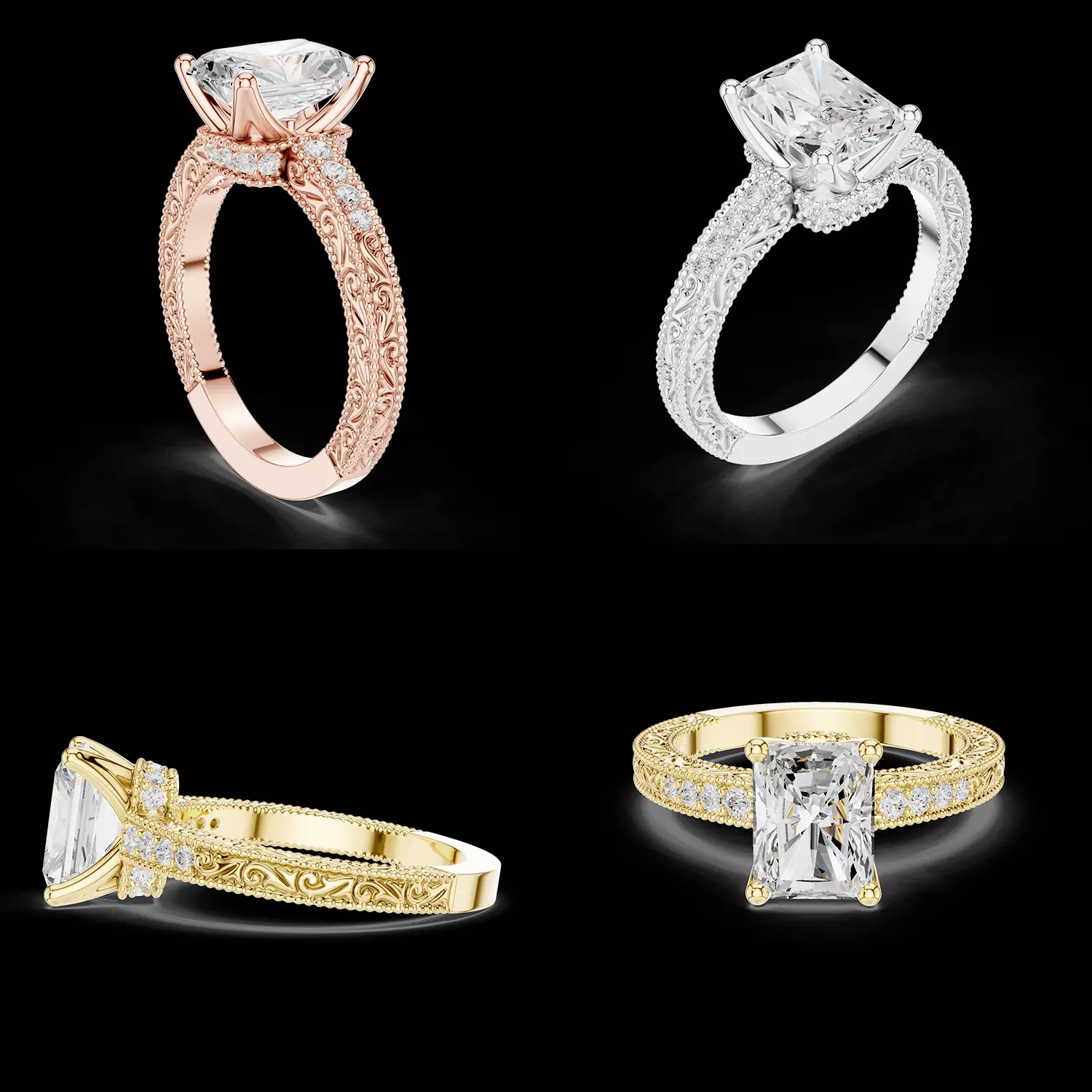 Vintage Radiant Cut Diamond Ring 3D Model STL File 3D print model