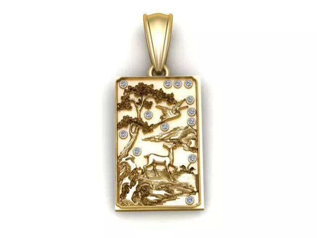 Nature Scene Rectangle Pendant with Deer Relief 3D print model