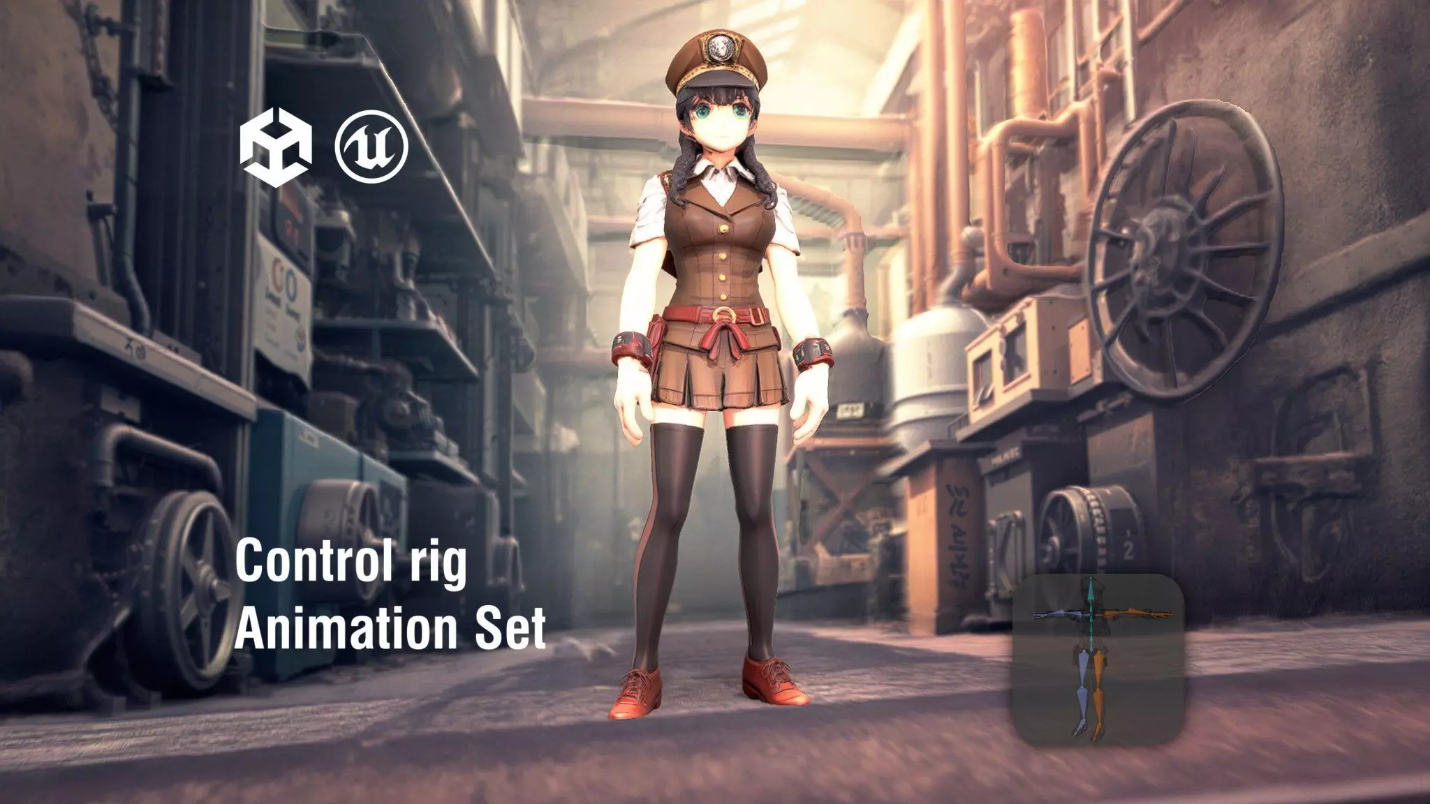 Steampunk Anime Engineer in Brown Uniform Low-poly 3D model