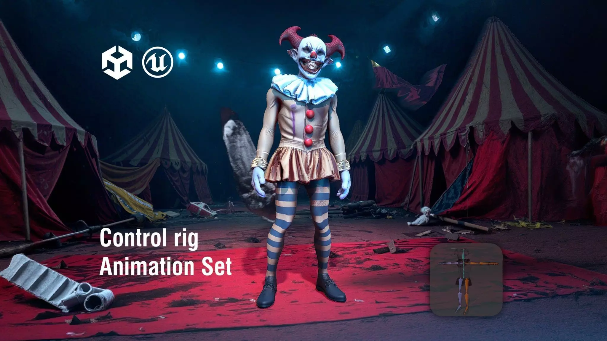 Demon Clown with Grinning Face in Ruined Circus Low-poly 3D model