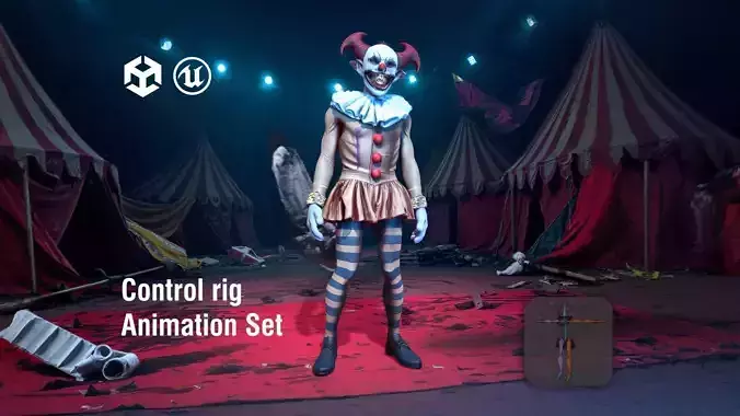 Demon Clown with Grinning Face in Ruined Circus