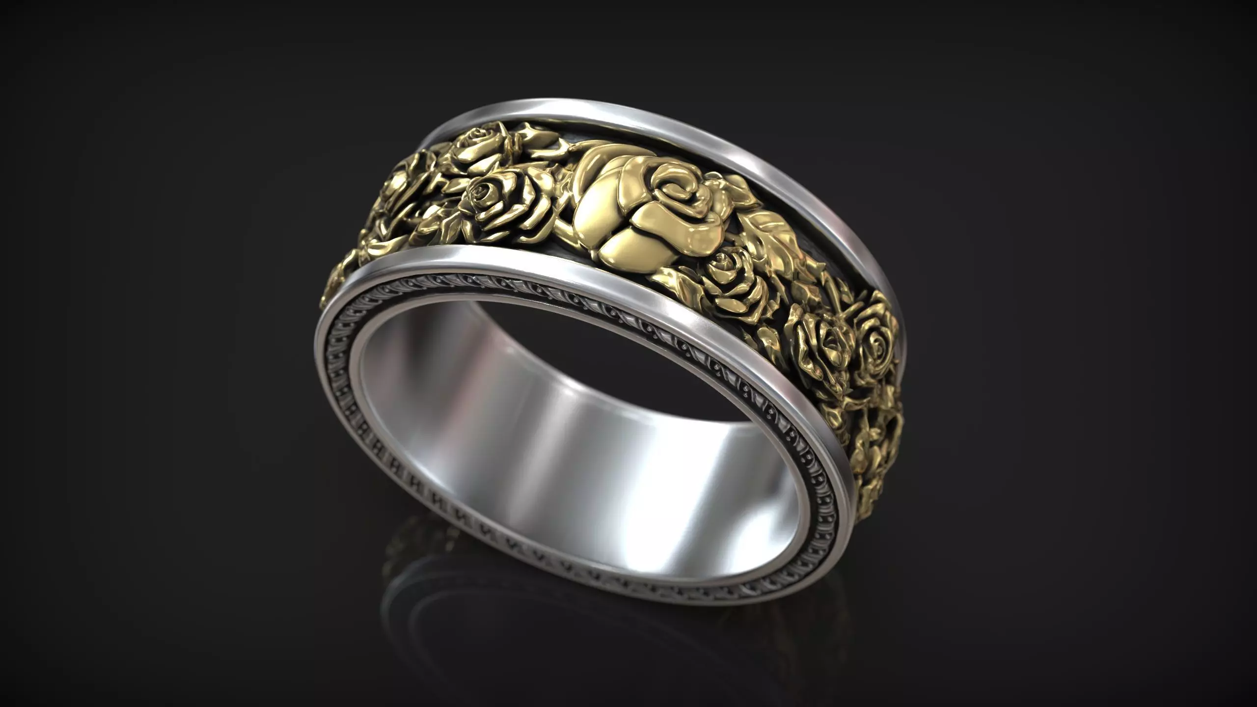 Rose Floral Relief Band Two Tone Vintage Flower Ring 3D print model
