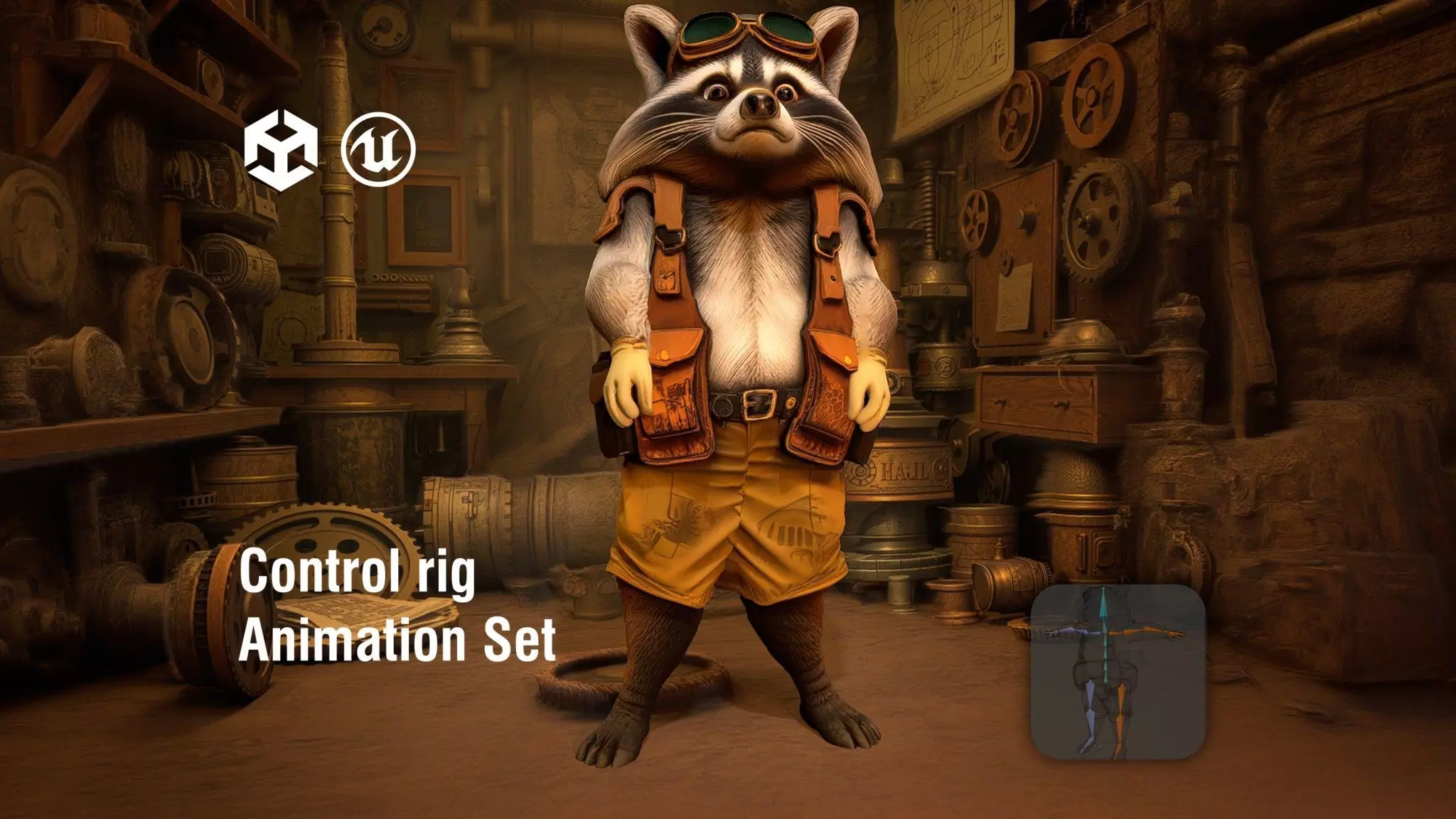 Raccoon Inventor in Steampunk Workshop Low-poly 3D model