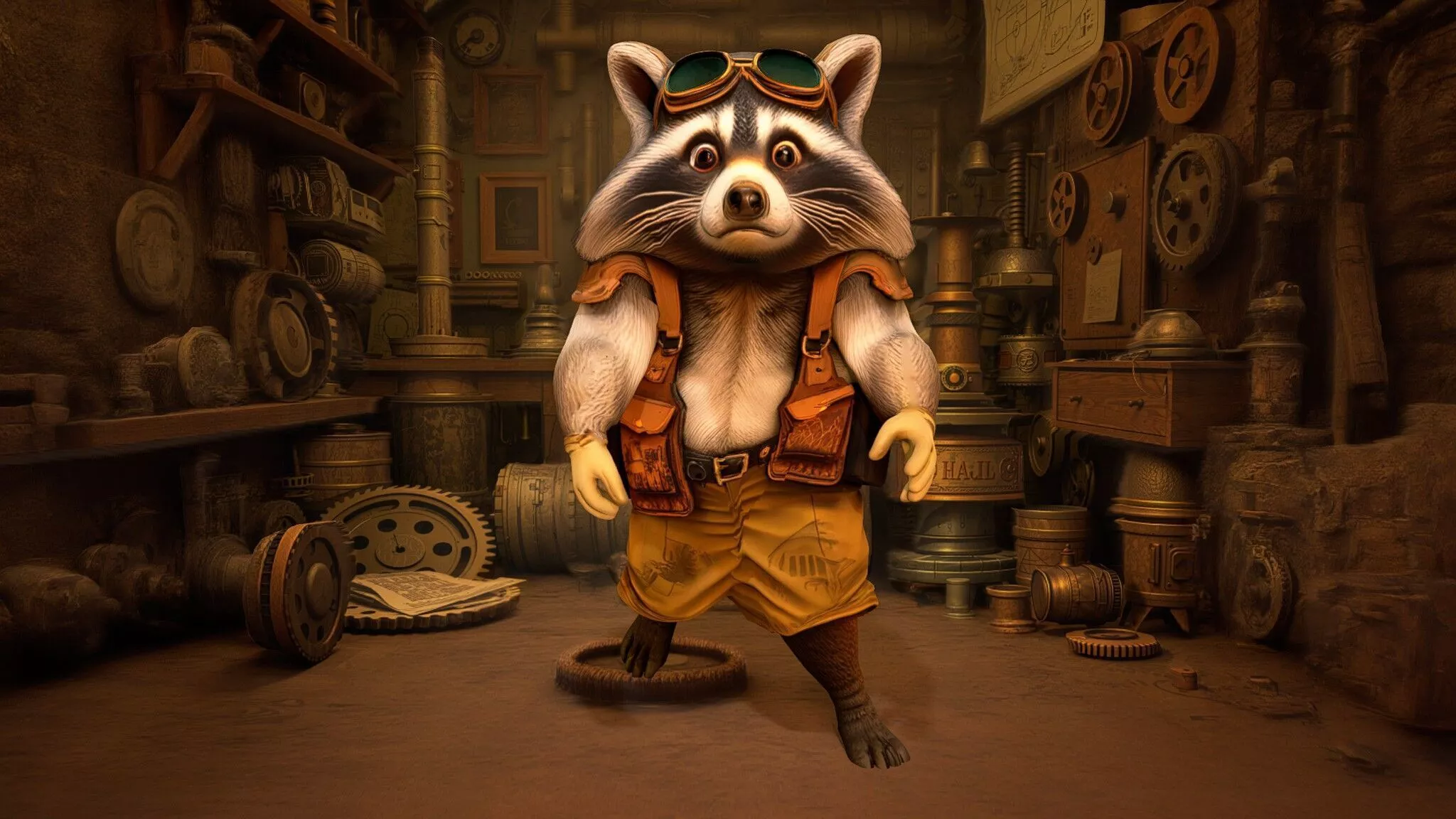 Raccoon Inventor in Steampunk Workshop Low-poly 3D model