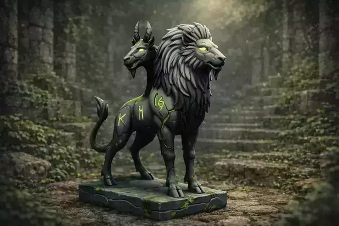 Two-Headed Guardian Beast Statue Stylized Fantasy