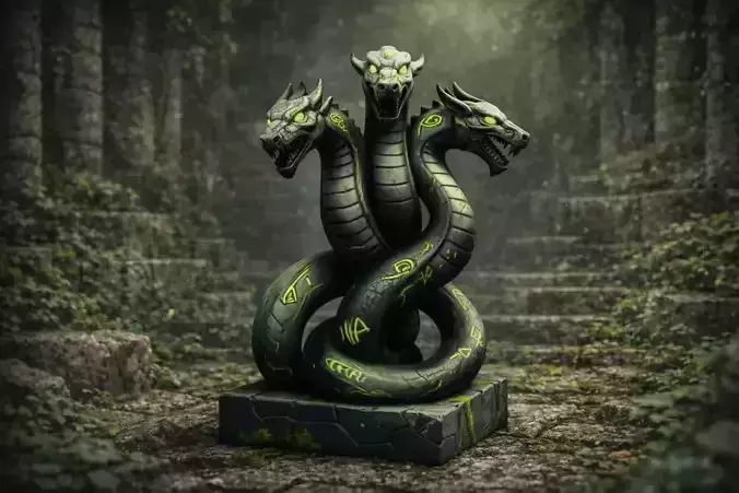 Three-Headed Hydra Guardian Statue Stylized Fantasy 3D Model