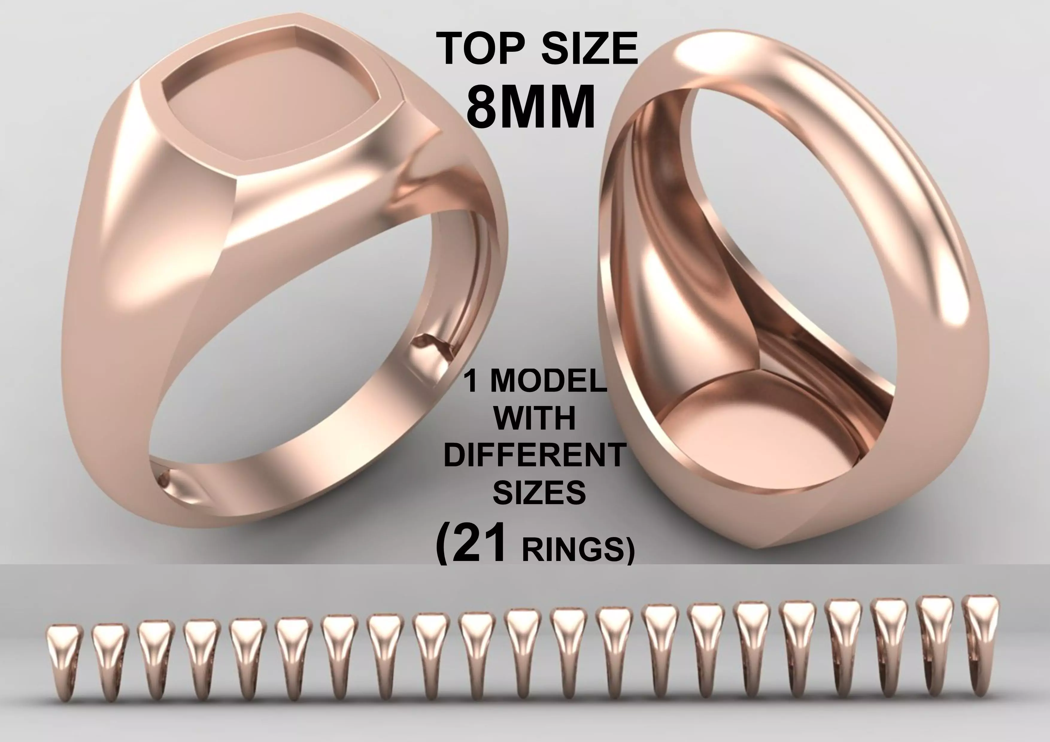 cushion square Signet Ring Base 8MM top in All sizes 272-MWC 3D print model