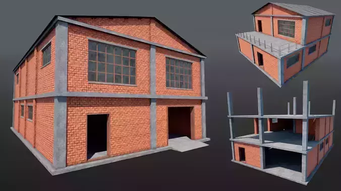 Industrial Building Modular Factory Brick Hangar Game-Ready Low-poly 3D model