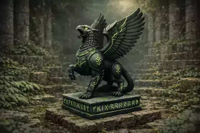Runic Griffin Guardian Stylized Fantasy Stone Statue