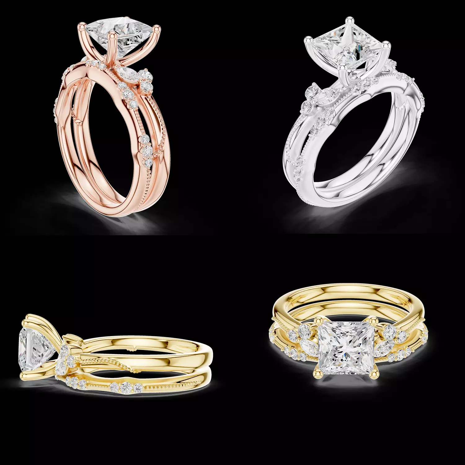 Princess Diamond Split Shank Engagement Ring STL 3D print model