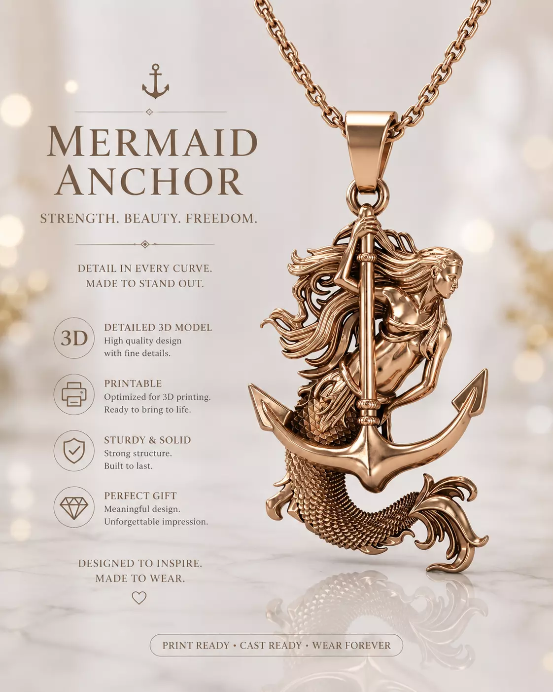 Mermaid Anchor Pendant Nautical Mythical Mermaid Necklace STL 3D print model