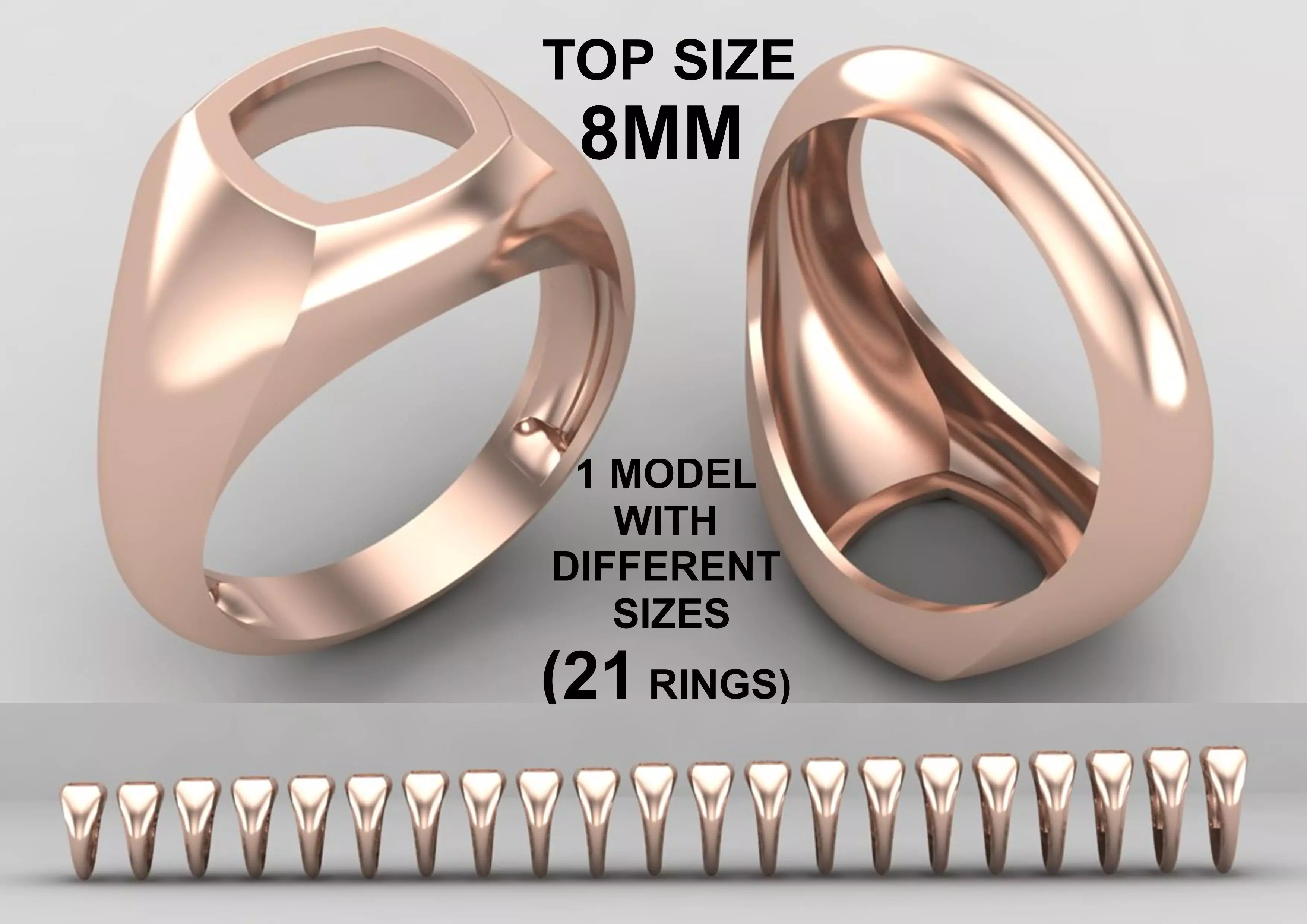 cushion square Signet Ring Base 8MM top in All sizes 273-MWC 3D print model