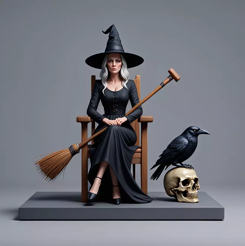 3542 Witch on Chair with Broom Raven Skull STL 3D print model