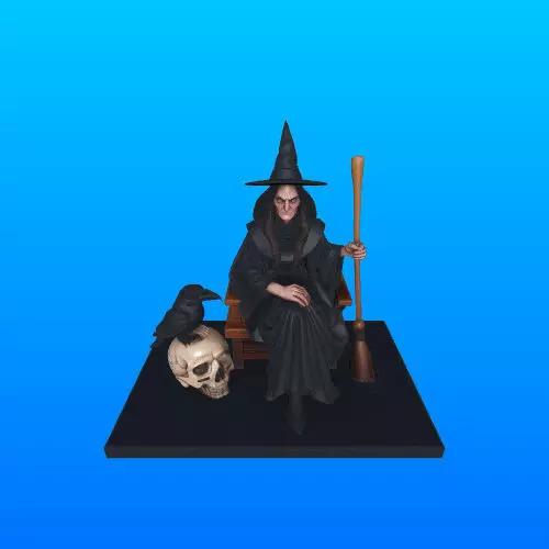 3543 Witch on Chair with Broom Raven Skull STL 3D print model