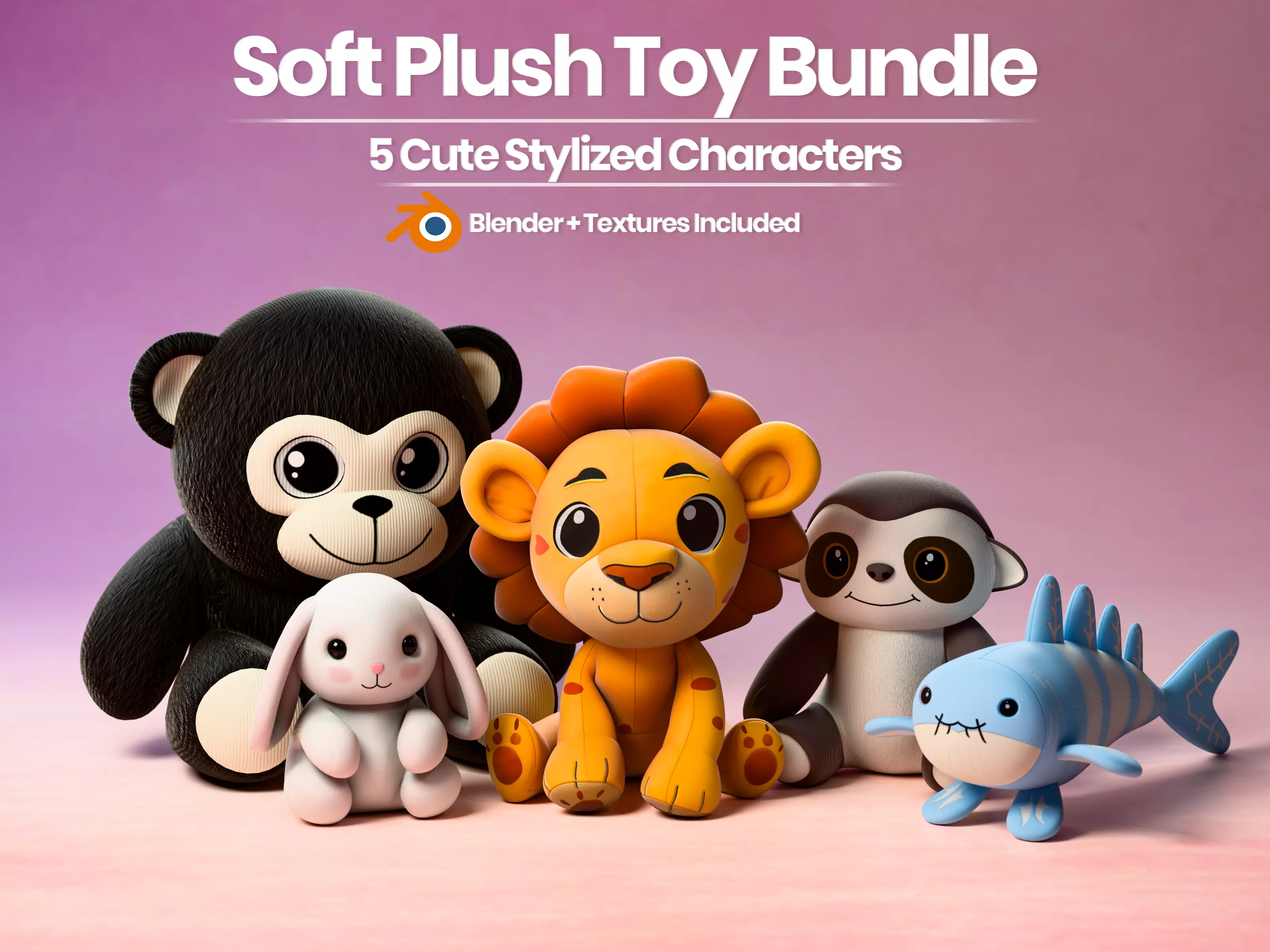 Cute Plush Toy Animal Bundle 5 Stylized Characters Low-poly 3D model