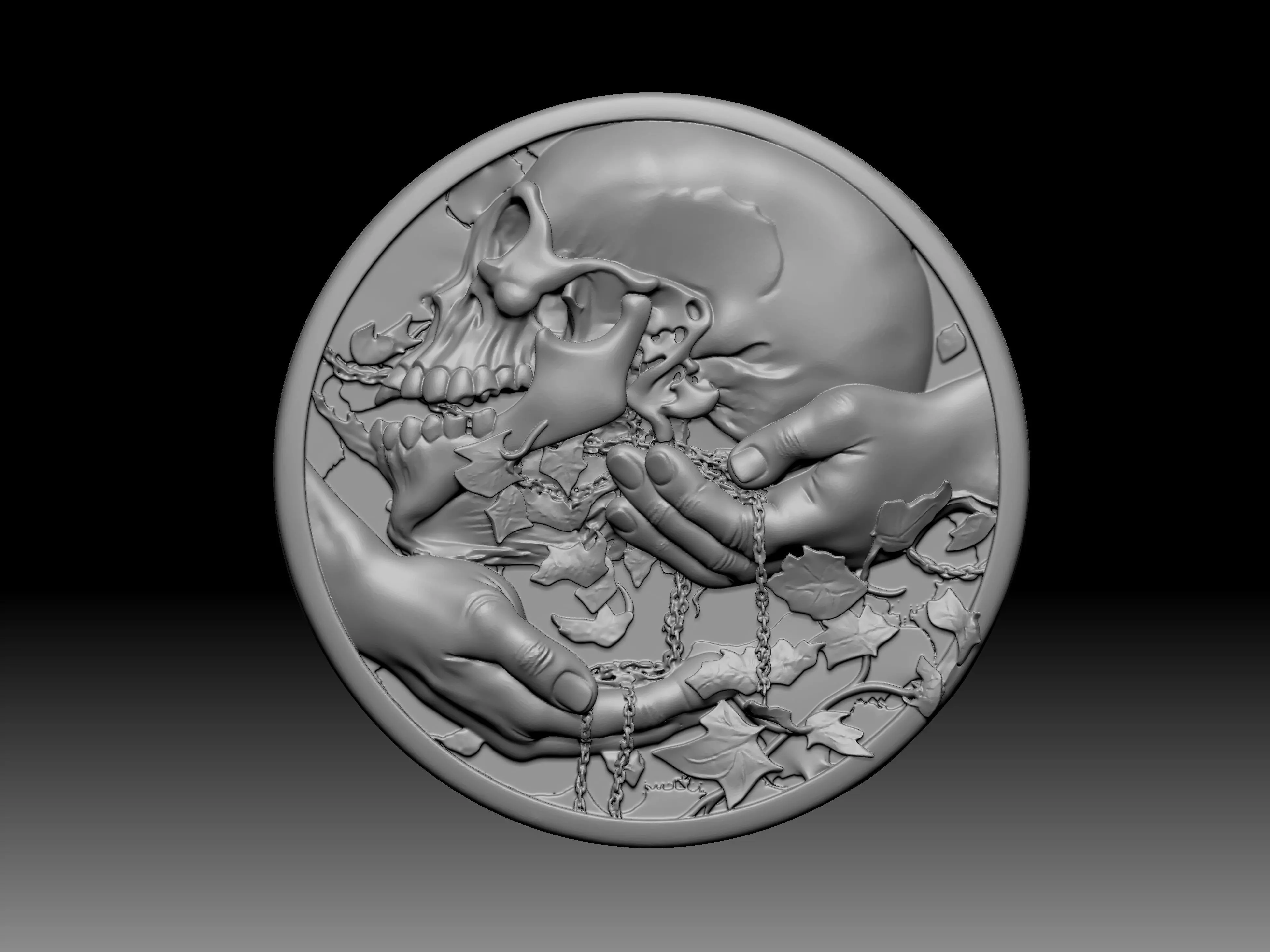 skull being held by two hands surrounded by foliage 3D print model