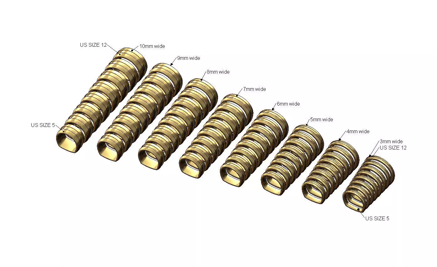 Collection set strip euro shank 3to10mm wide band US sizes 5to12 3D print model