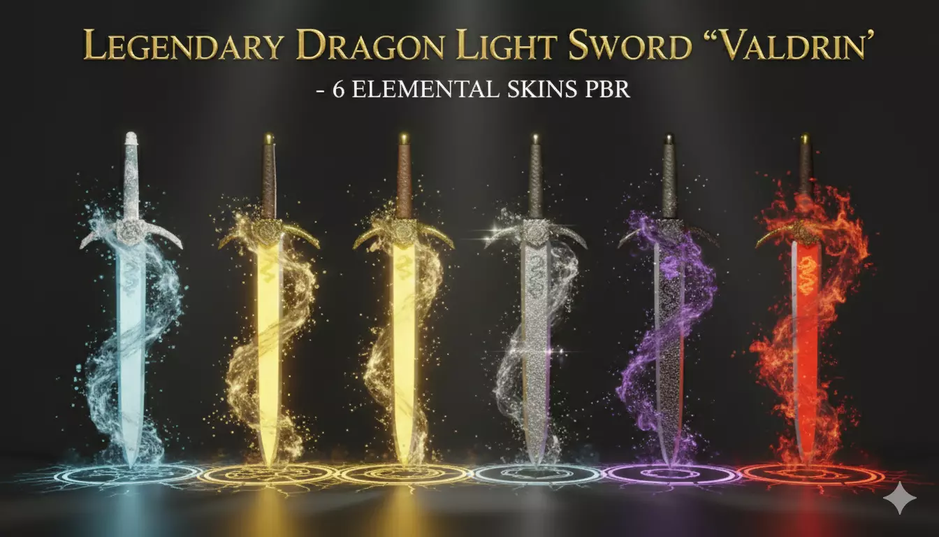 Legendary Dragon Light Sword Valdrin - 6 Elemental Skins Low-poly 3D model