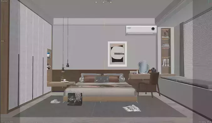 Japandi Style Modern Bedroom Interior  Cinema 4D  Redshift 3D model 7