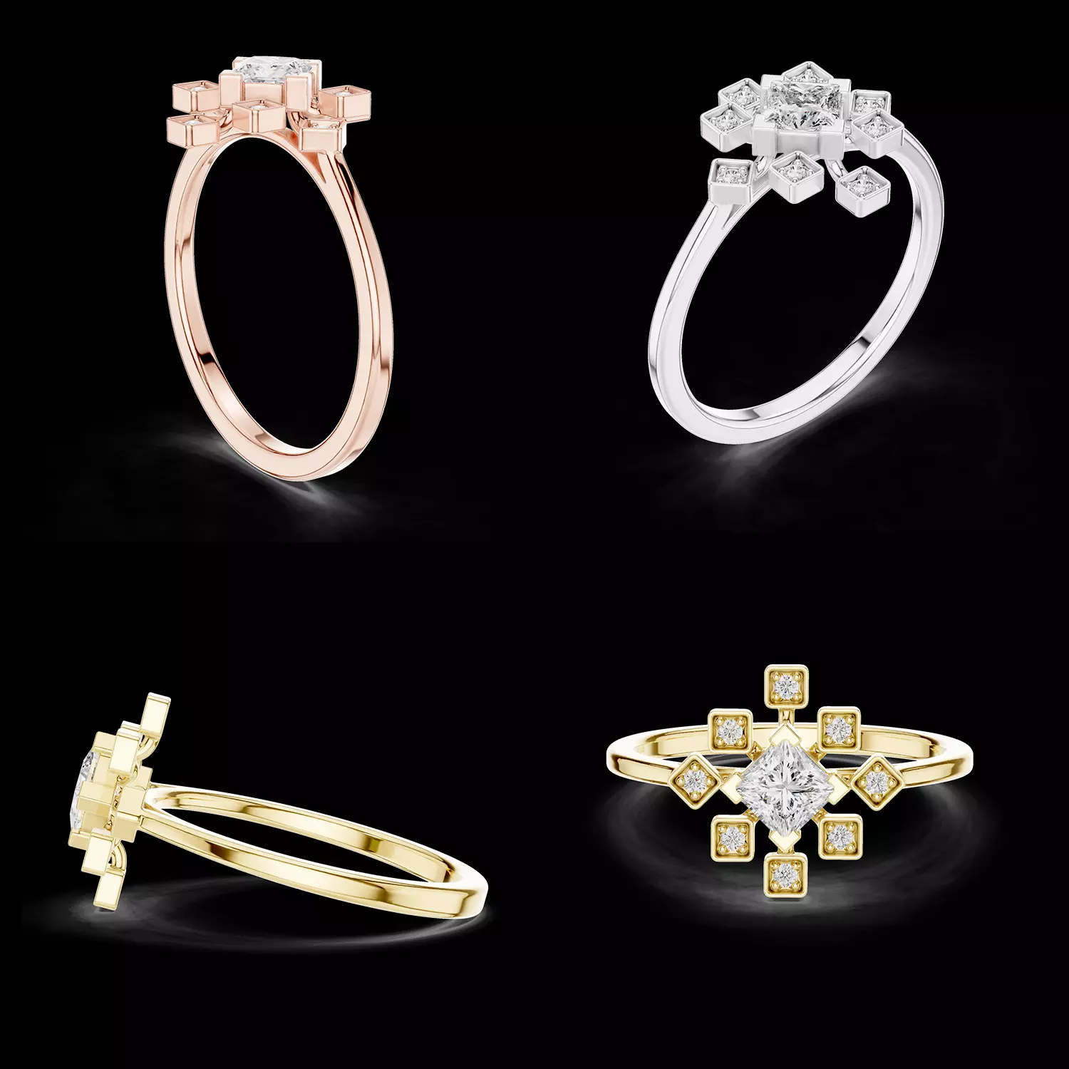 Princess Cut Cluster Geometric Ring 3D Model 3D print model