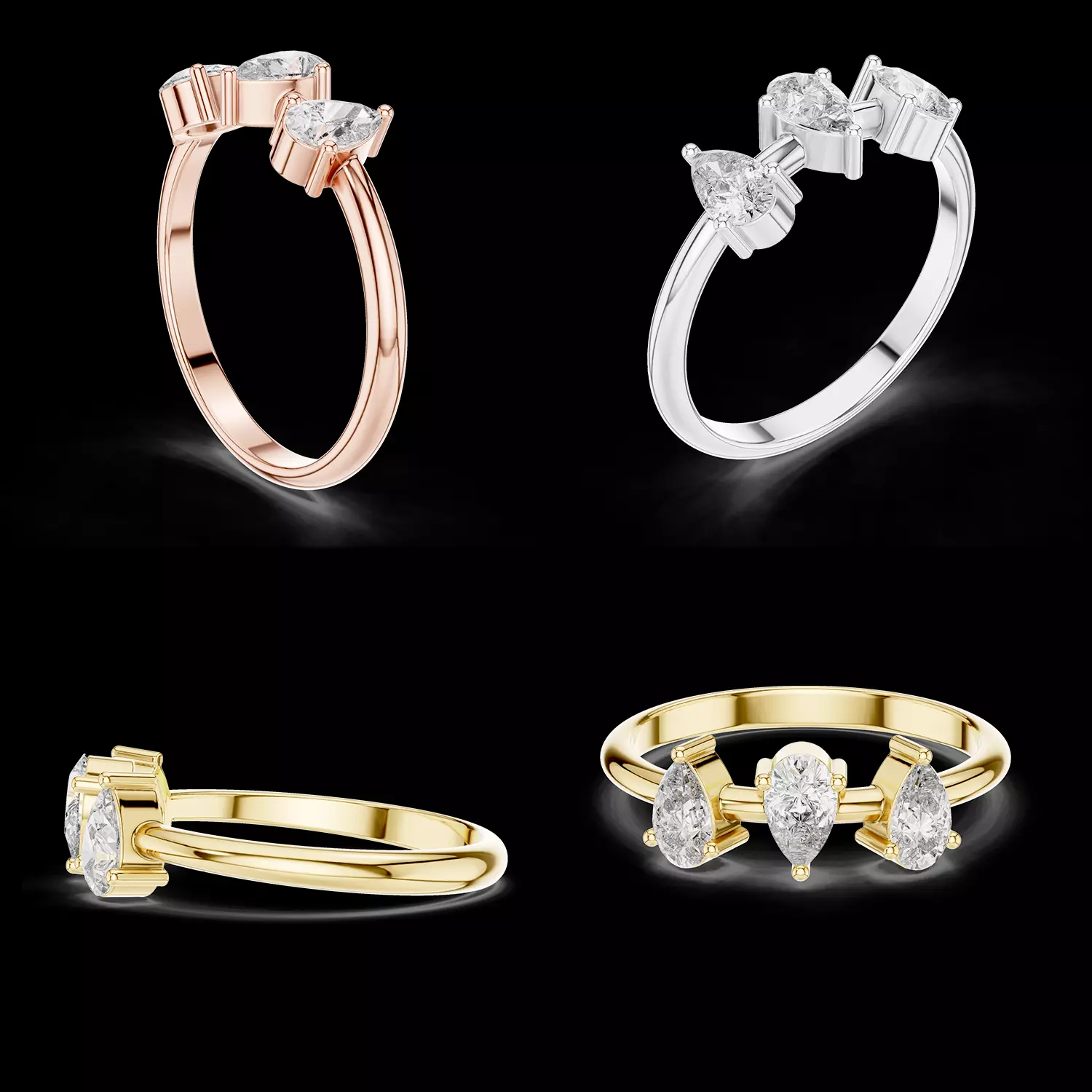 Three Stone Pear Diamond Ring 3D Model STL File 3D print model