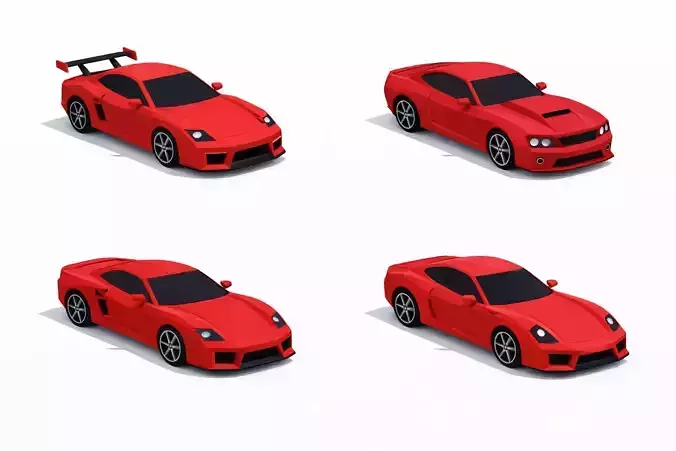 Low Poly Sports Car Pack 4 Models Stylized Racing Vehicle Set Low-poly 3D model